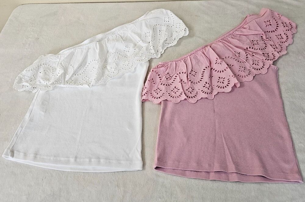 Lot of 2 Old Navy Off-Shoulder Eyelet Tops White and Pink Women's Size M